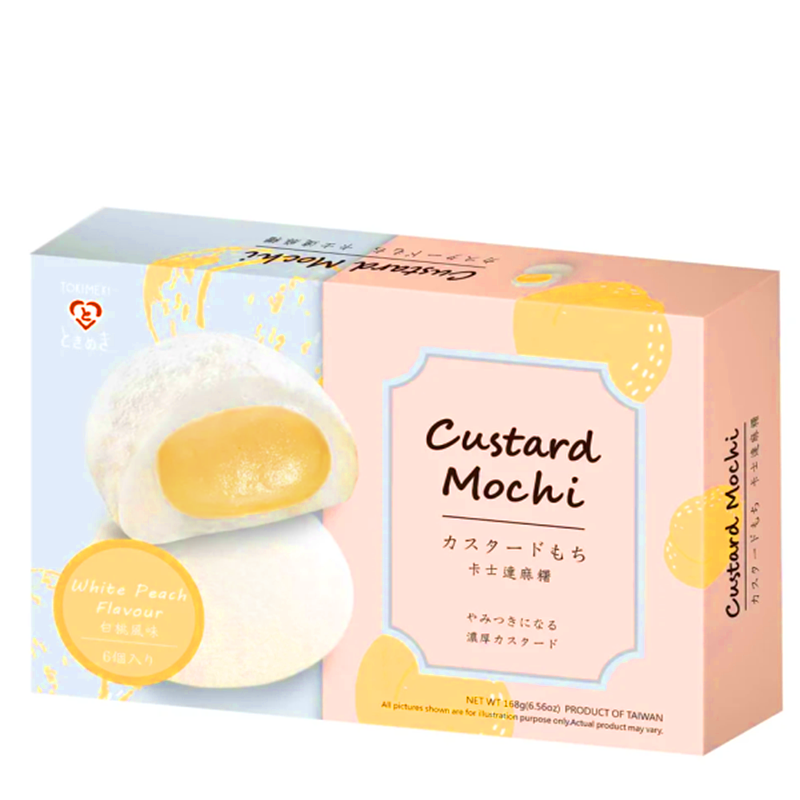Prajituri Mochi, aroma de crema custard si piersica alba, 168g, Tokimeki